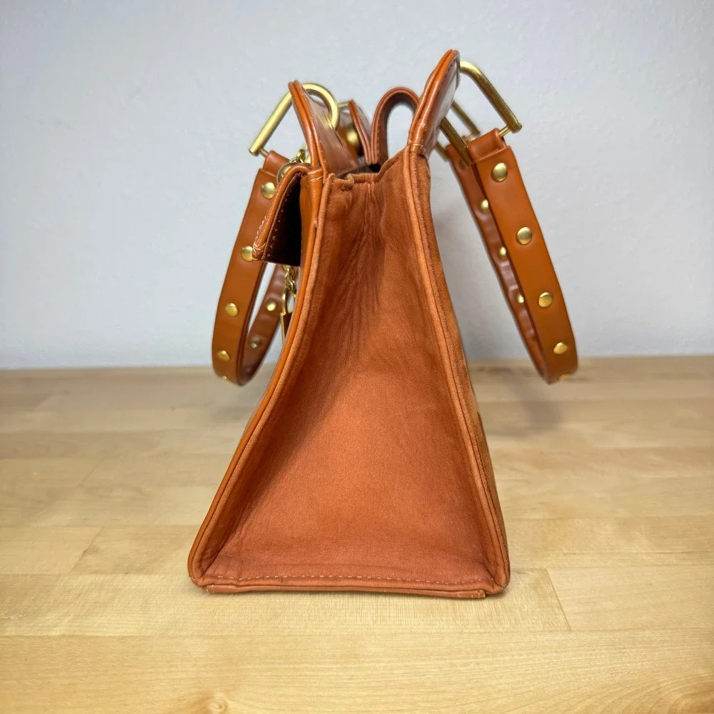 Samantha Thavasa New York Cognac Leather Suede Studded Satchel Handbag *FLAW